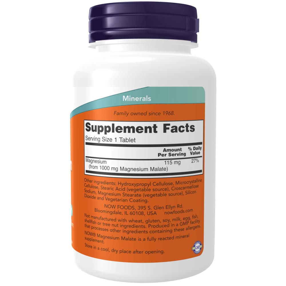 NOW Foods Magnesium Malate 1000mg bottle side view for supplement clarity.