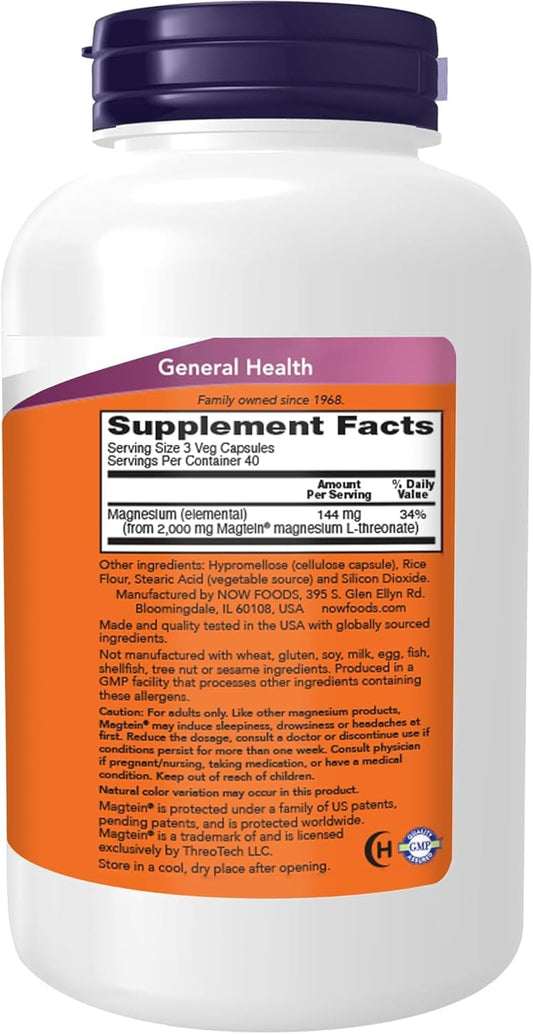 NOW Foods Magtein bottle label close-up shows magnesium L-threonate formula
