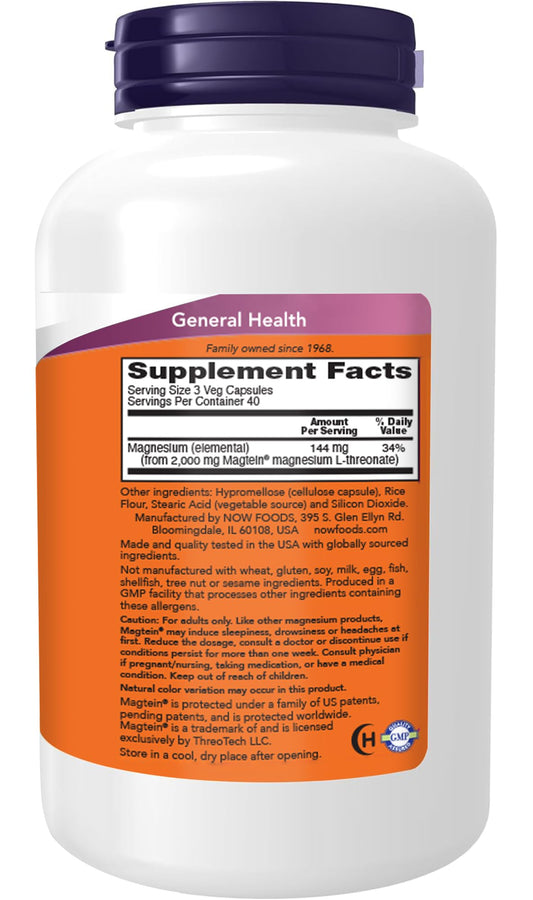 NOW Foods Magtein capsules closeup highlighting vegetarian capsules for daily use