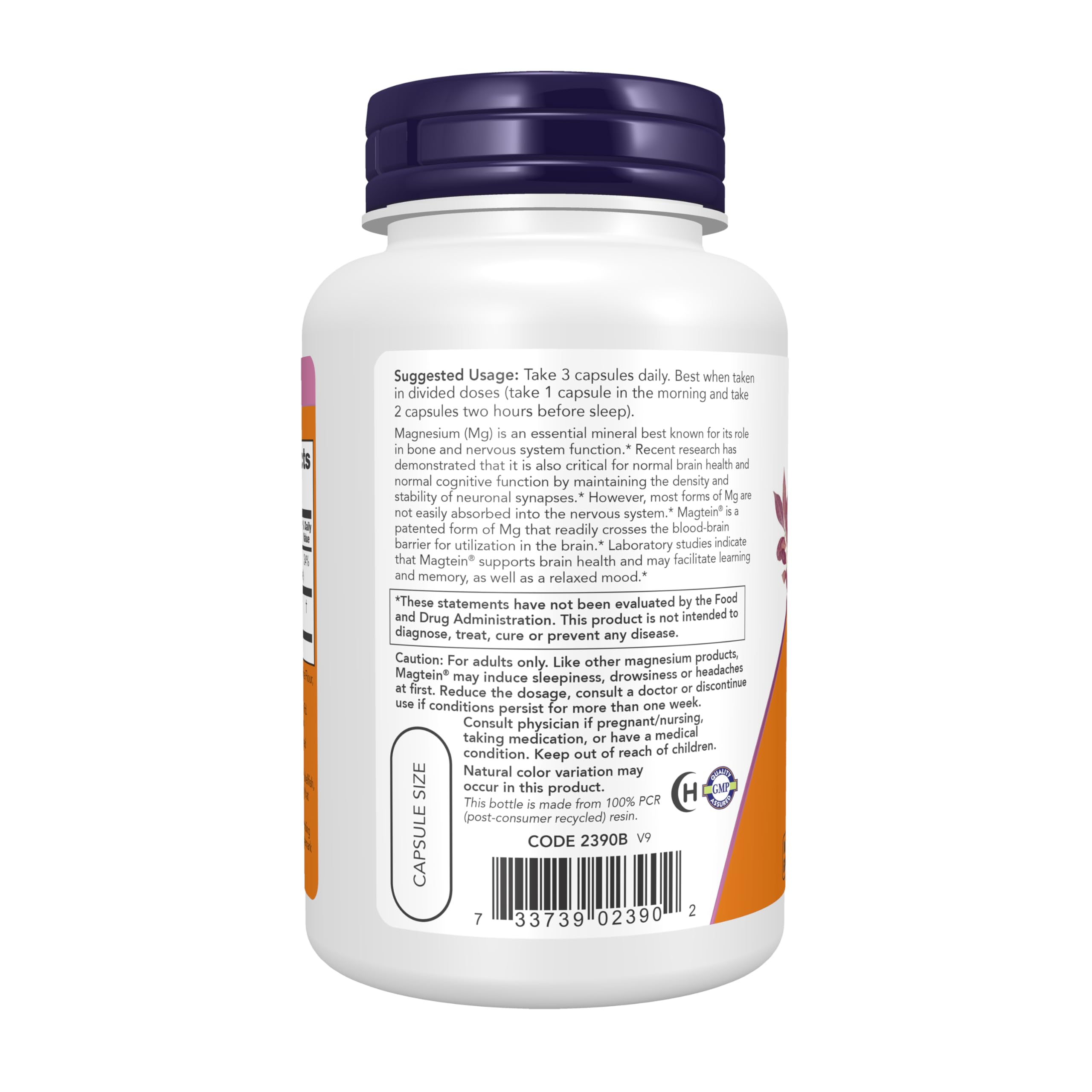 NOW Foods Magtein label detail with patented magnesium form.