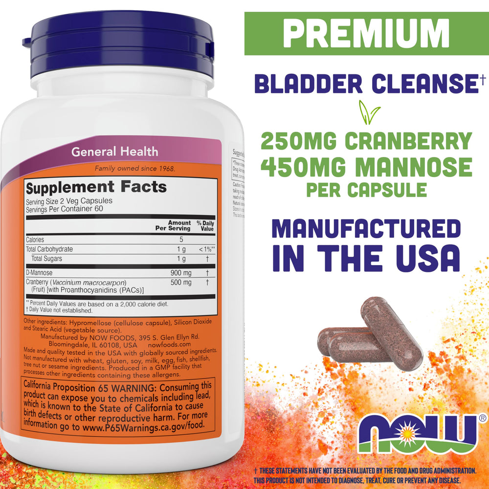 NOW Foods Mannose Cranberry front label shows vegan and non-GMO