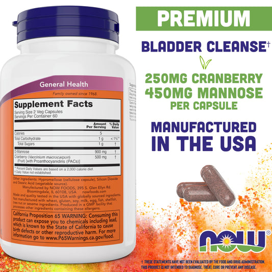 NOW Foods Mannose Cranberry front label shows vegan and non-GMO