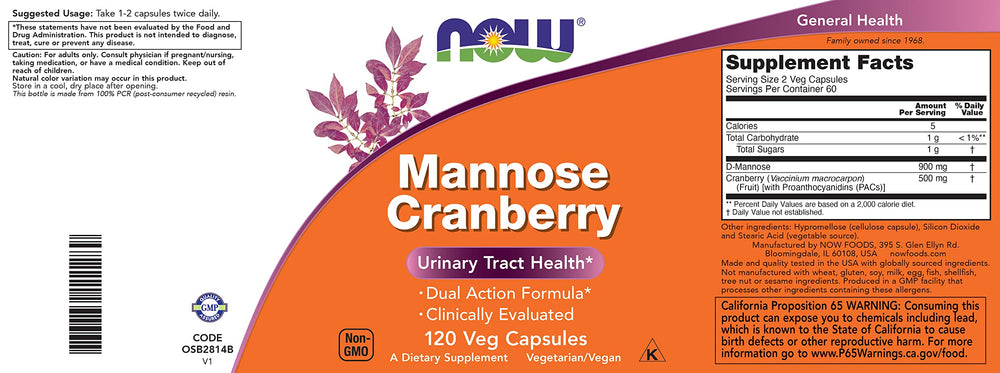 NOW Foods Mannose Cranberry product on a clean wellness setup for daily health