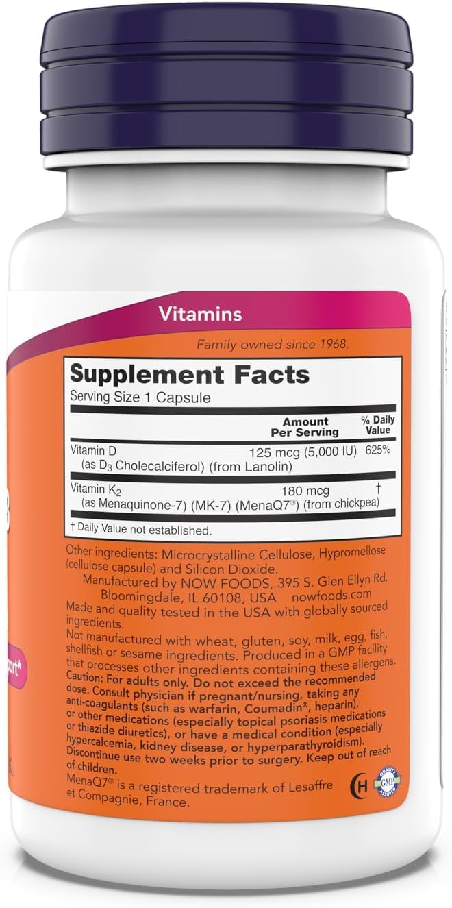 NOW Foods Mega D-3 & MK-7 bottle back detailing dosage and bone and arterial health benefits