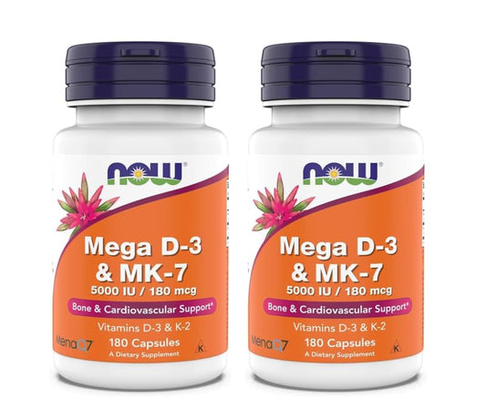 NOW Foods Mega D-3 & MK-7 bottle front highlights bone and heart support