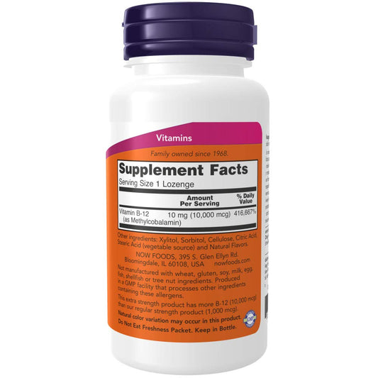 NOW Foods Methyl B-12 lozenge close-up emphasizes extra-strength 10,000 mcg.
