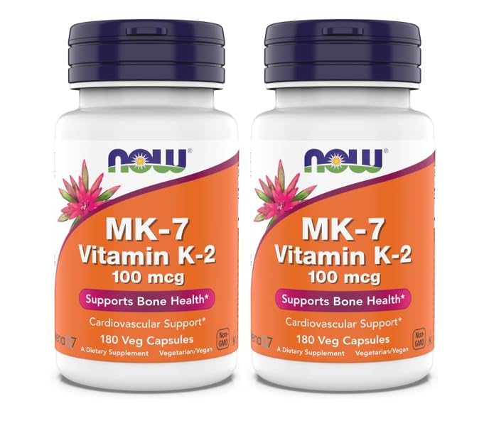 NOW Foods MK-7 bottle label shows vegan K-2 and bone support benefits