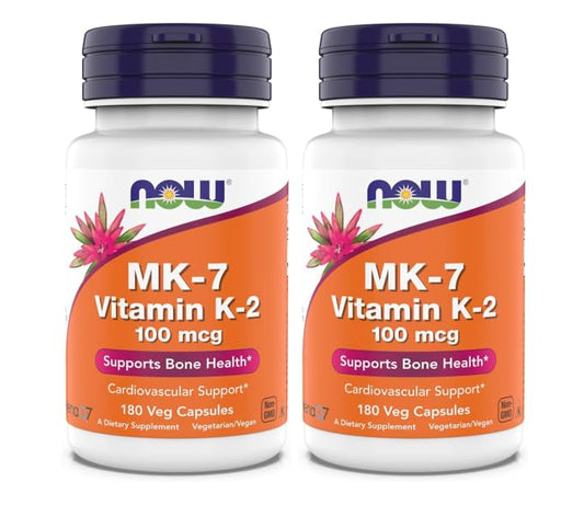 NOW Foods MK-7 bottle label shows vegan K-2 and bone support benefits