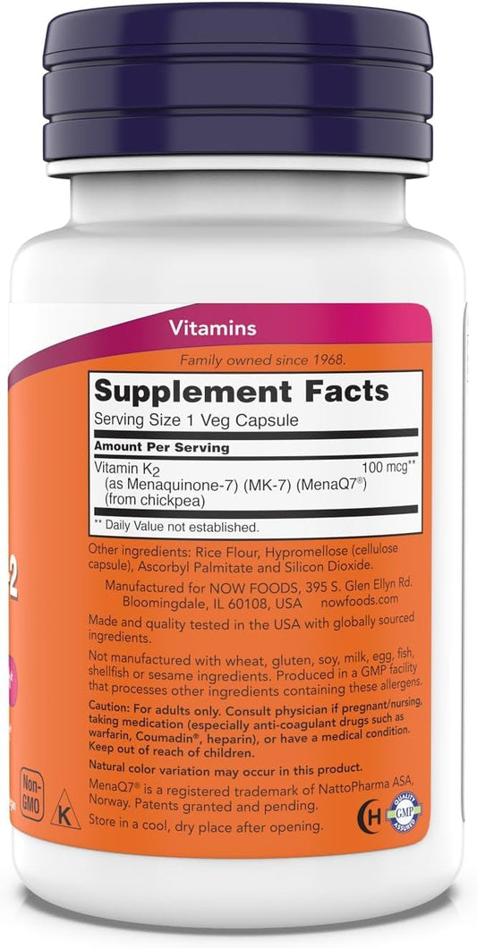 NOW Foods MK-7 capsules closeup highlights bioavailable K-2 for calcium metabolism