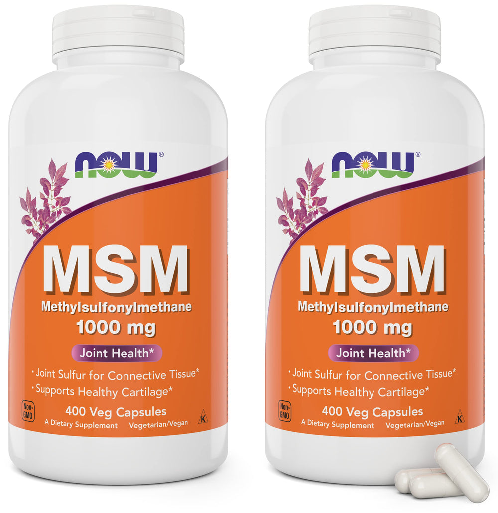 NOW Foods MSM 1000 mg bottle pour showing easy-to-swallow capsules for daily use