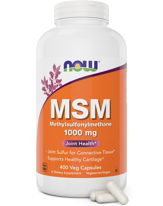 NOW Foods MSM 1000 mg capsules bottle for daily flexibility support