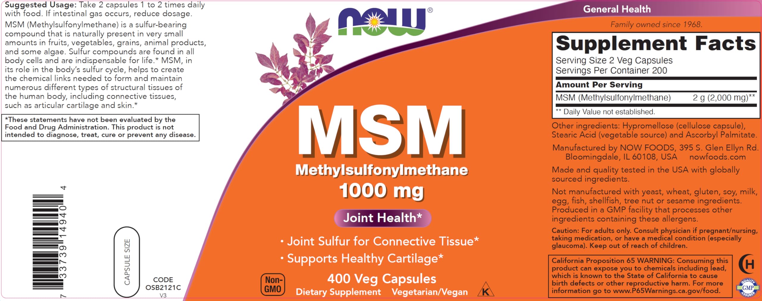 NOW Foods MSM capsules closeup highlighting high-potency sulfur supplement