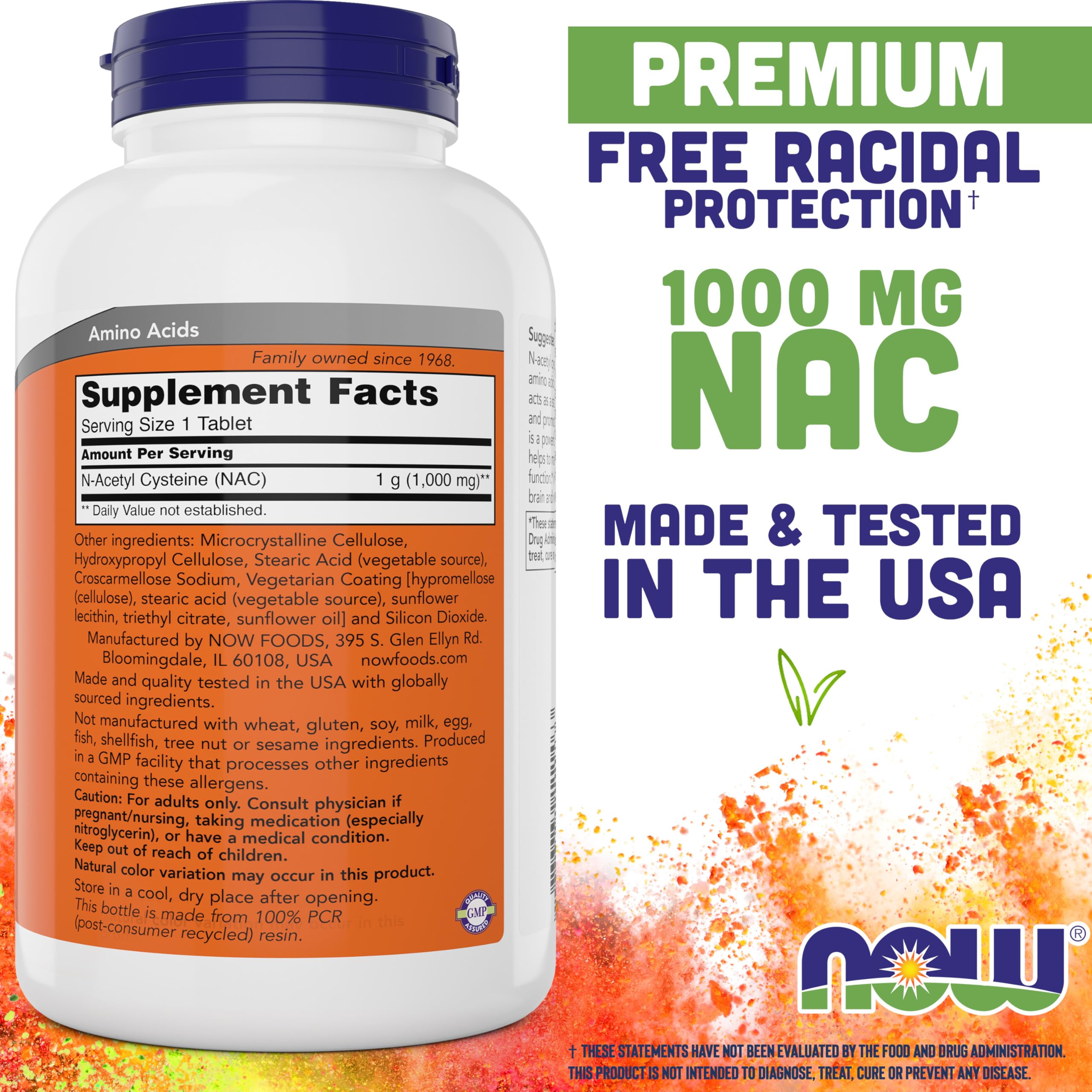 NOW Foods NAC 1000 mg tablets side label highlighting non-GMO and kosher status.