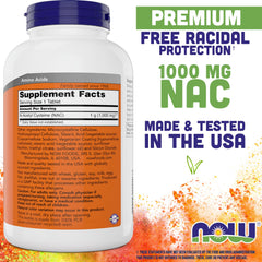 NOW Foods NAC 1000 mg tablets side label highlighting non-GMO and kosher status.