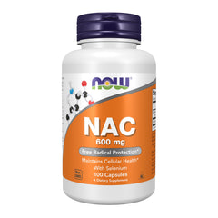 NOW Foods NAC 600 mg bottle with capsules, supports glutathione-related processes.