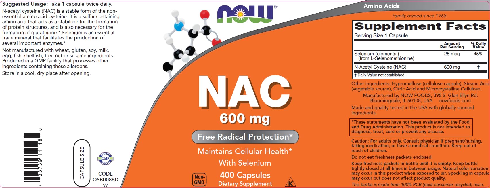 NOW Foods NAC 600 mg bottle interior view with capsules and GMP quality assurance notes