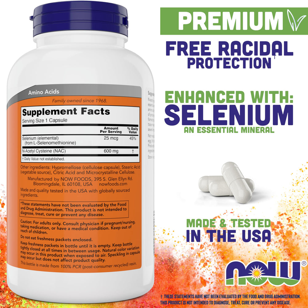 NOW Foods NAC 600 mg bottle label close-up showing 400 capsules for daily supplement routine
