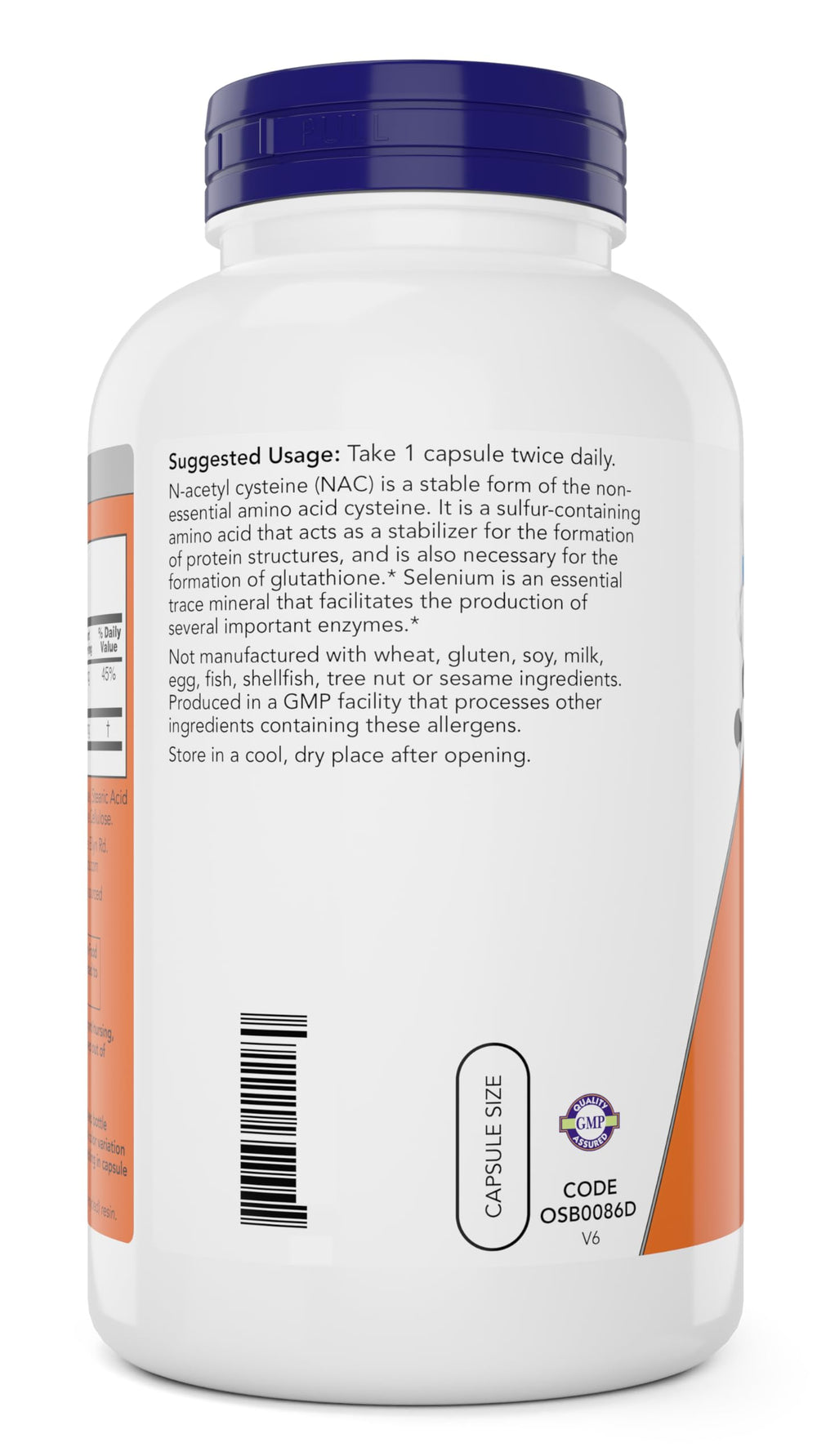 Capsules of NOW Foods NAC 600 mg in bottle close-up emphasizing stable NAC and selenium support