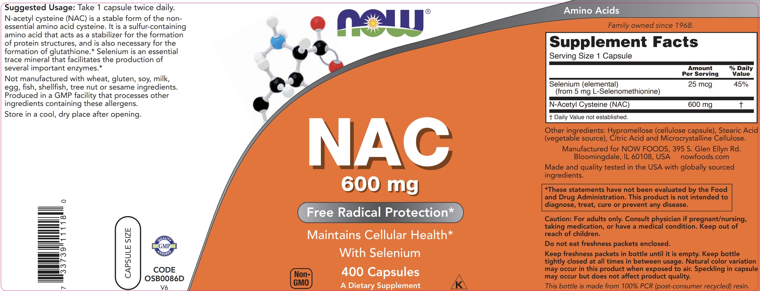 NOW Foods NAC 600mg seal emphasizes GMP quality.
