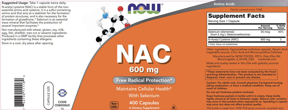 NOW Foods NAC 600mg seal emphasizes GMP quality.