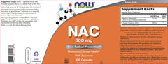 NOW Foods NAC 600mg seal emphasizes GMP quality.