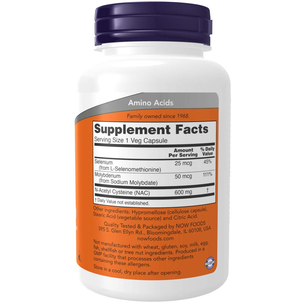NOW Foods NAC label nutrition panel showing 600 mg per capsule.