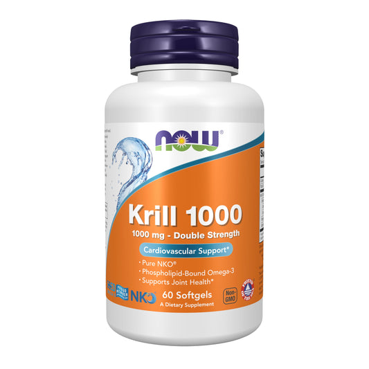 NOW Foods Neptune Krill Oil bottle front showing double-strength omega-3 softgels for joint support potential