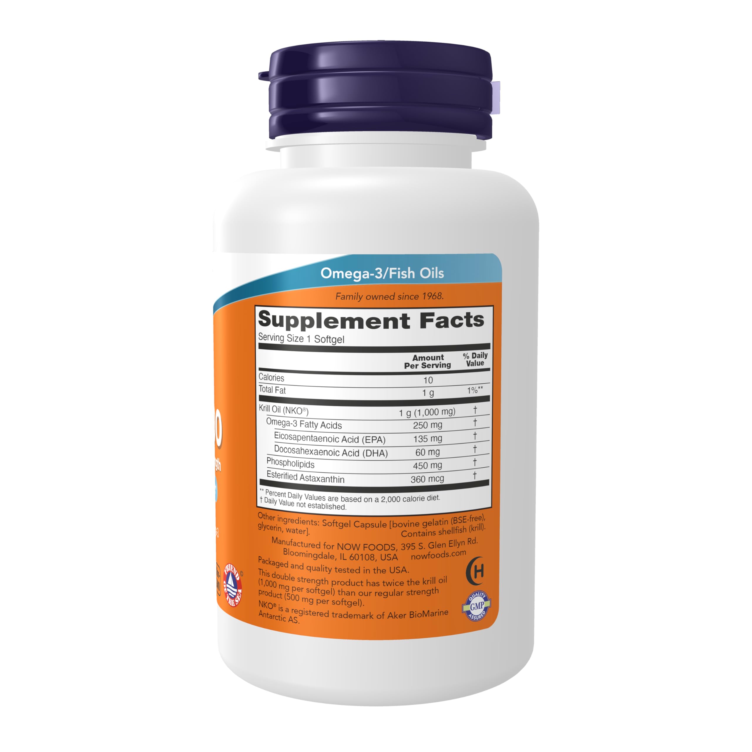 NOW Foods Neptune Krill Oil label closeup highlighting phospholipid-bound omega-3 and natural astaxanthin
