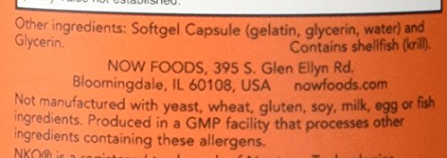 NOW Foods Neptune Krill Oil packaging showing sustainability certification and USA packaging.