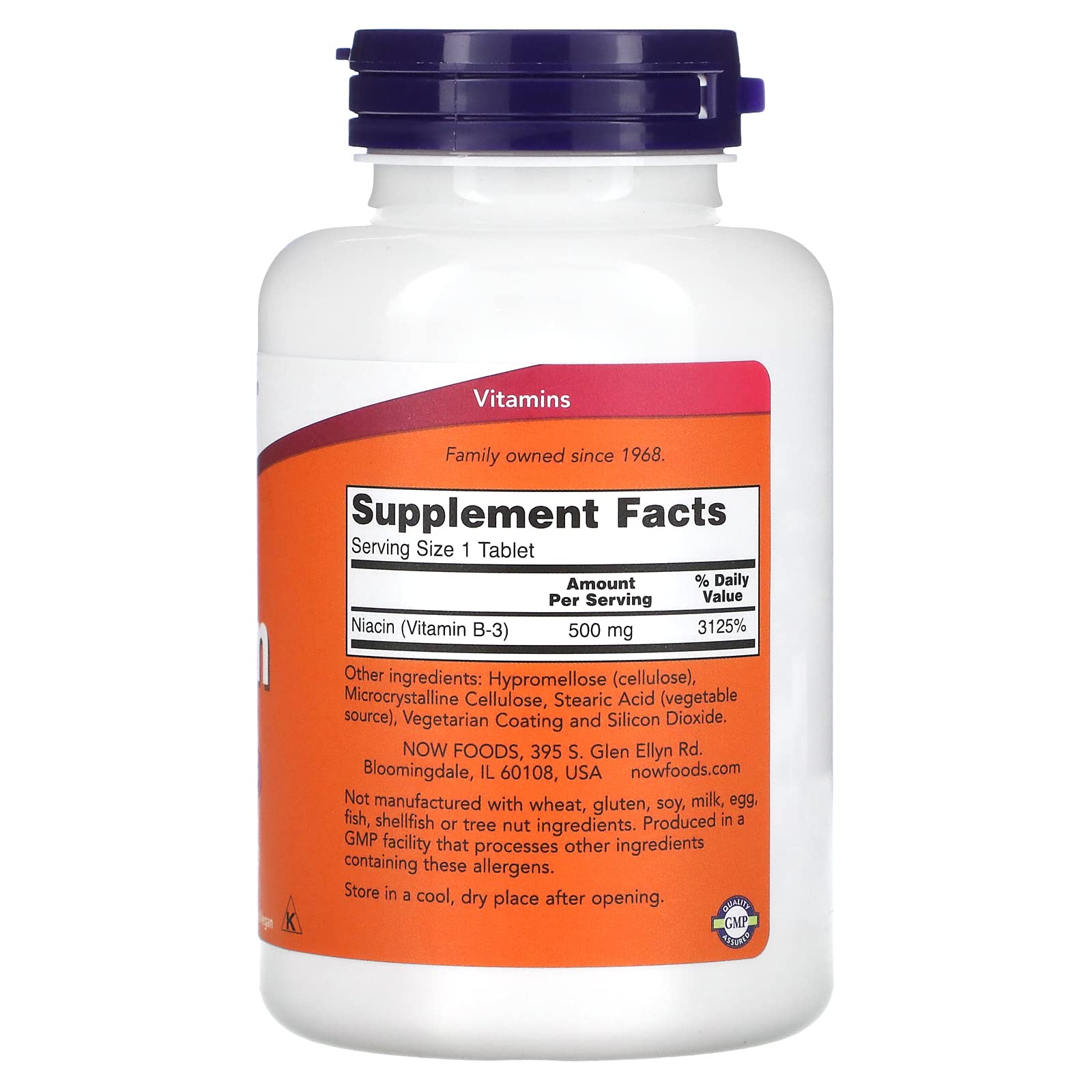 NOW Foods Niacin 500 mg tablets closeup highlights gradual release design for easier daily intake.