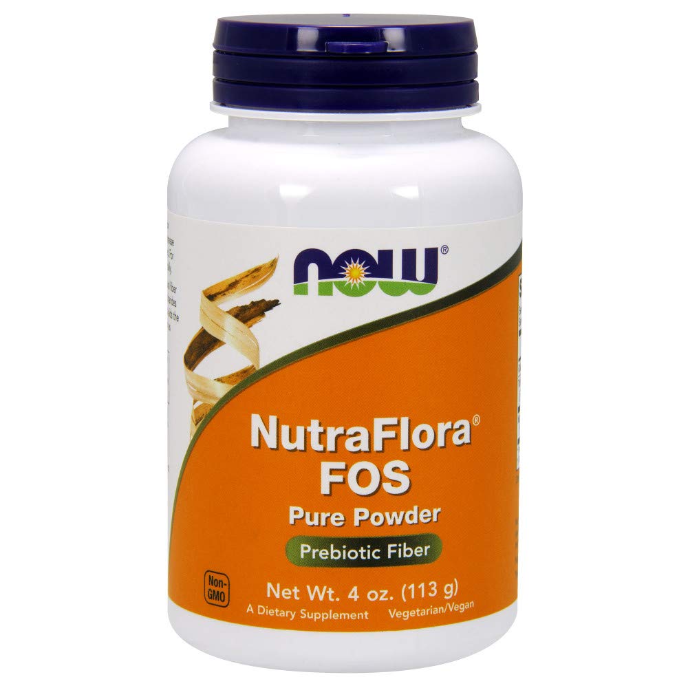 NOW Foods Nutra Flora Fos powder in a jar for convenient daily use.