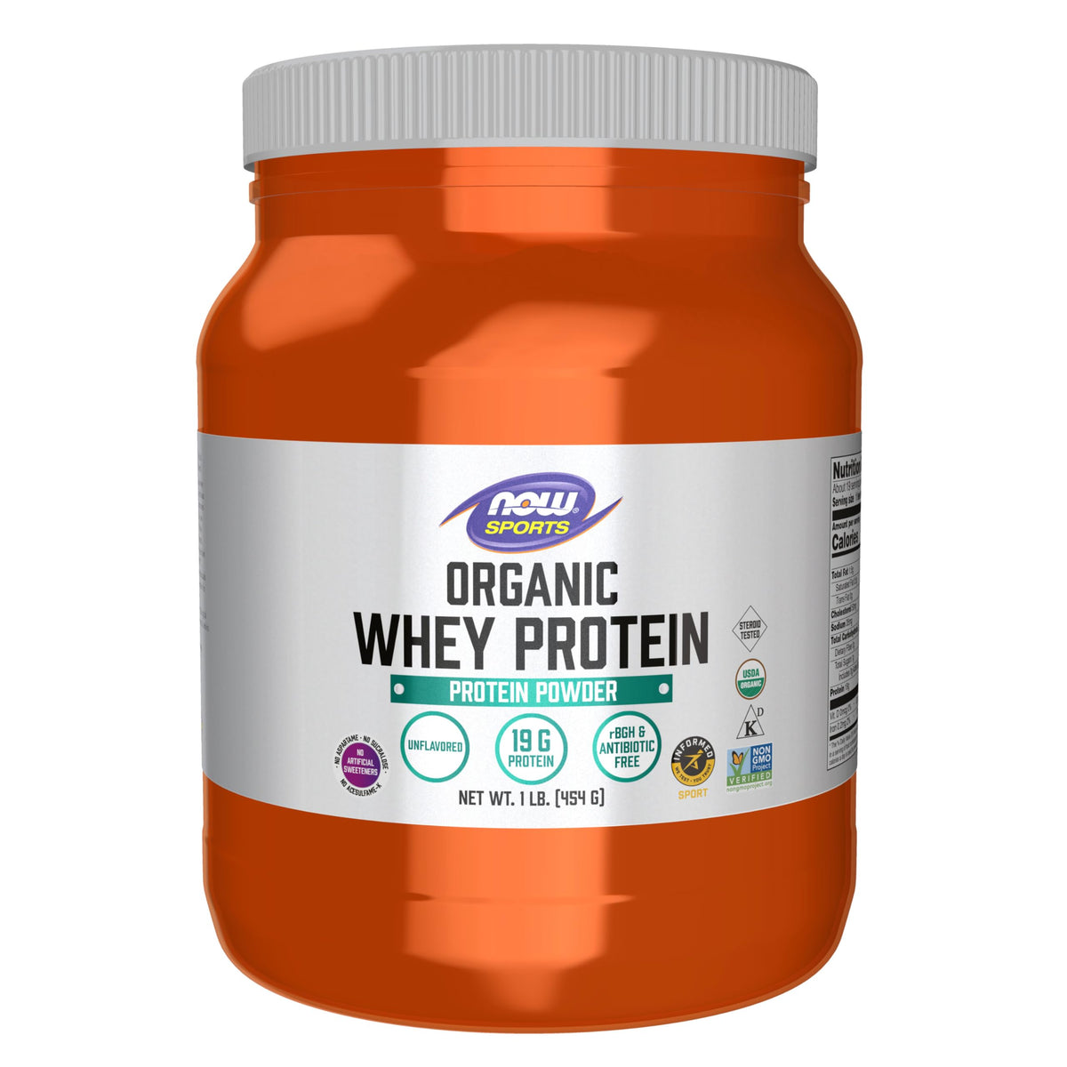 NOW Foods Organic Whey Protein 1lb canister for daily shakes.