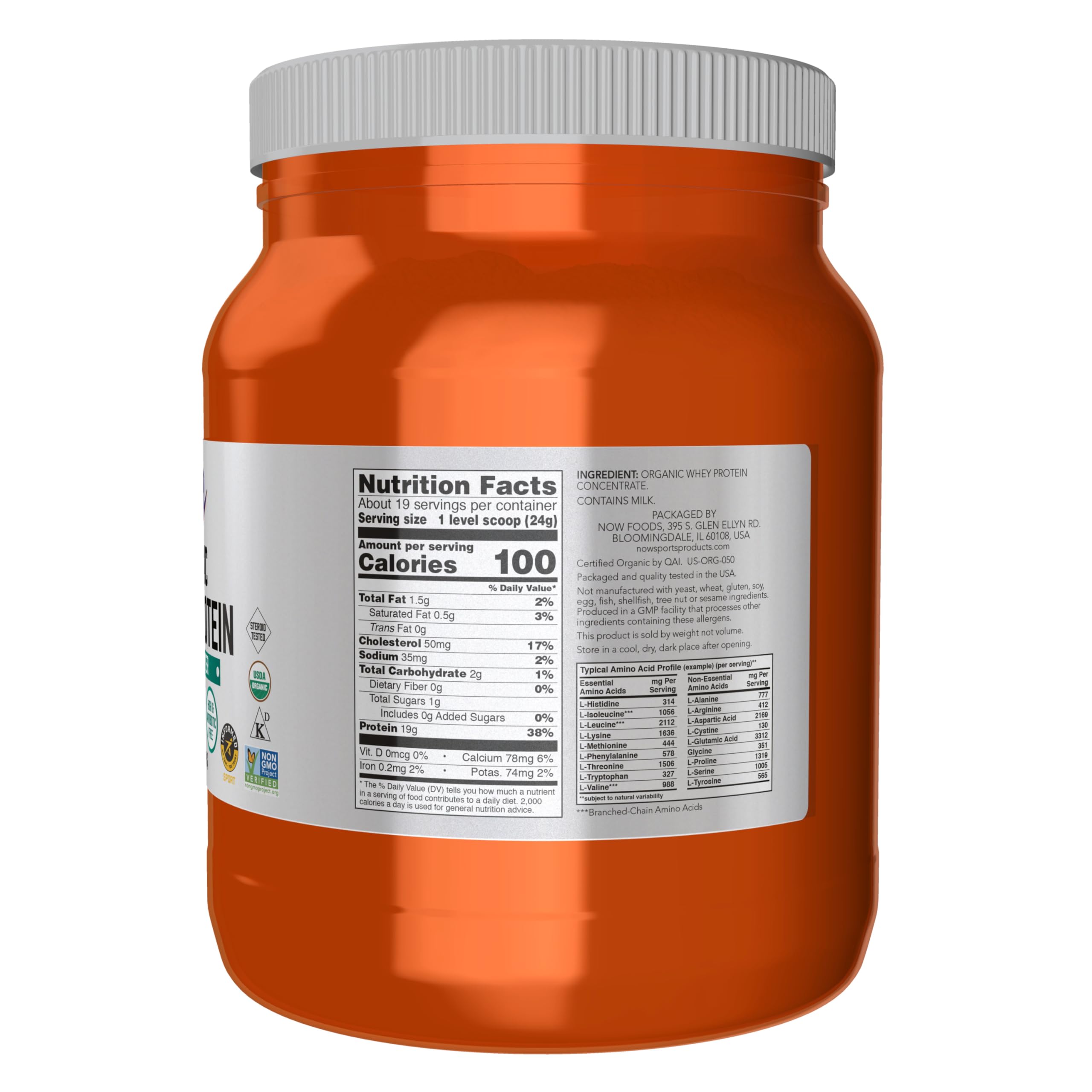 NOW Foods Organic Whey Protein unflavored powder ideal for smoothies.