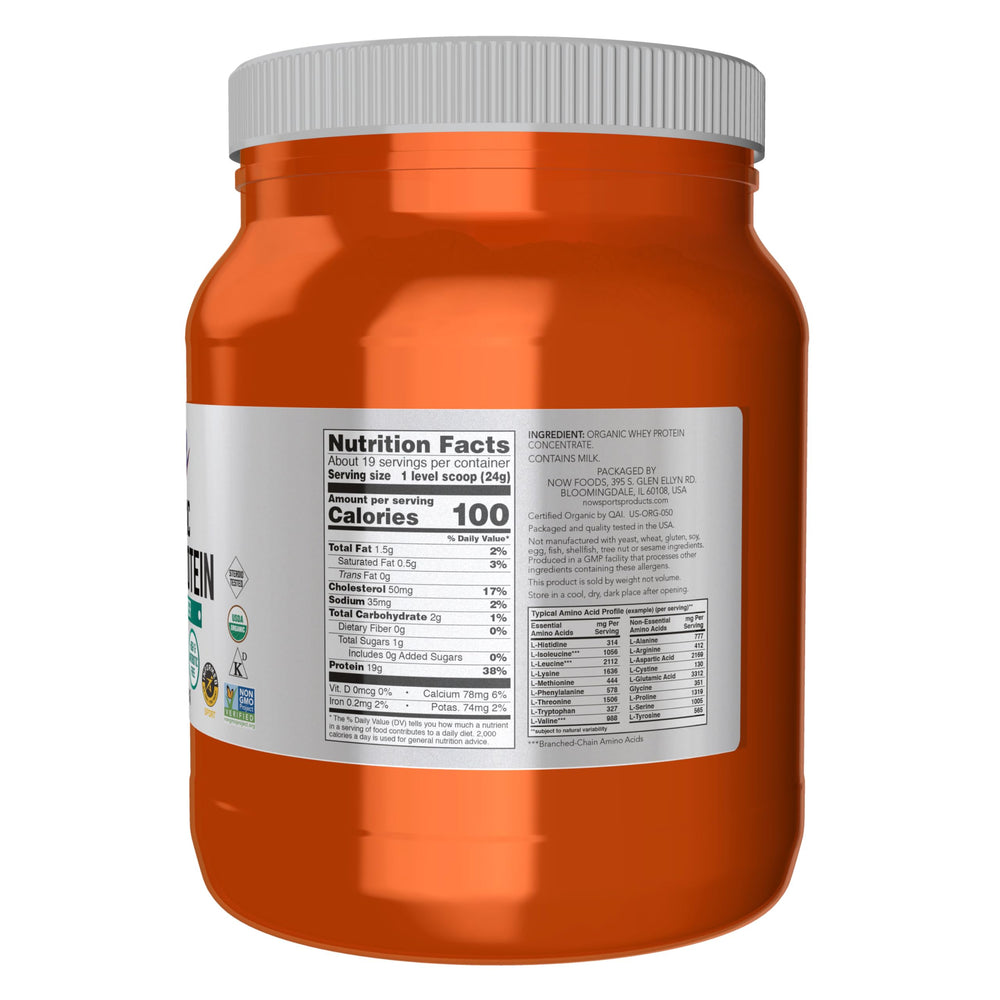 NOW Foods Organic Whey Protein unflavored powder ideal for smoothies.