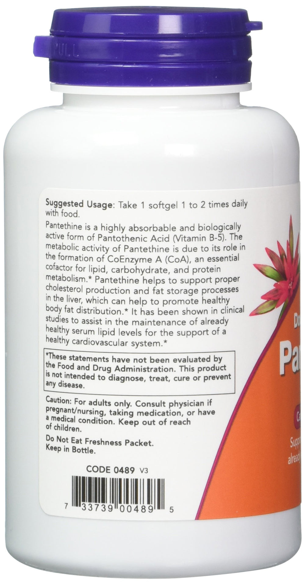 NOW Foods Pantethine bottle back showing ingredients and serving size.