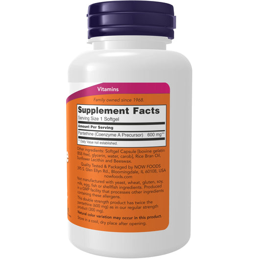NOW Foods Pantethine label close-up highlighting high potency and metabolism support.