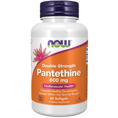 NOW Foods Pantethine 600 mg softgel bottle showing double-strength formula for lipid support.