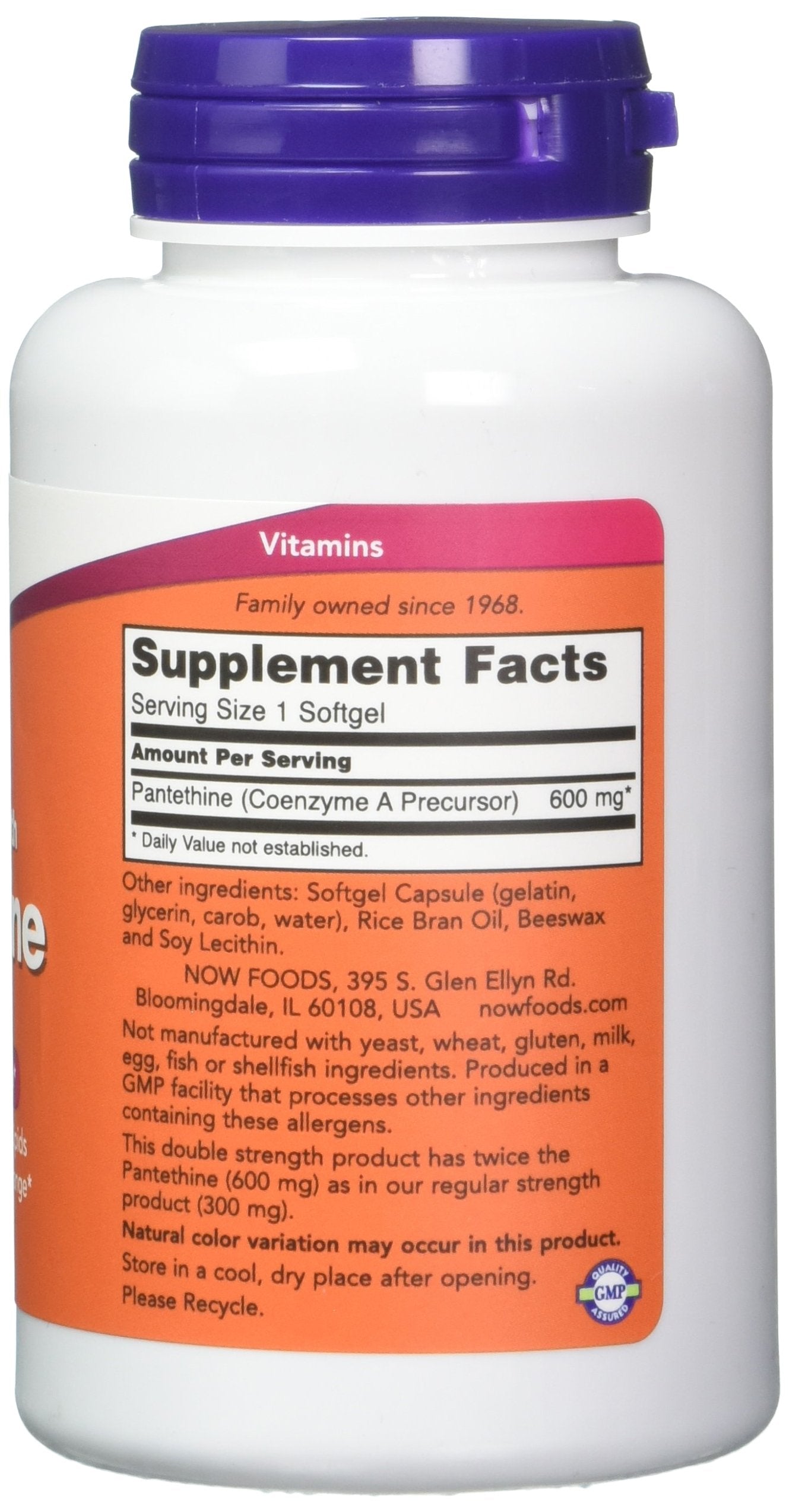 NOW Foods Pantethine softgels close-up highlighting easy-to-swallow capsules.