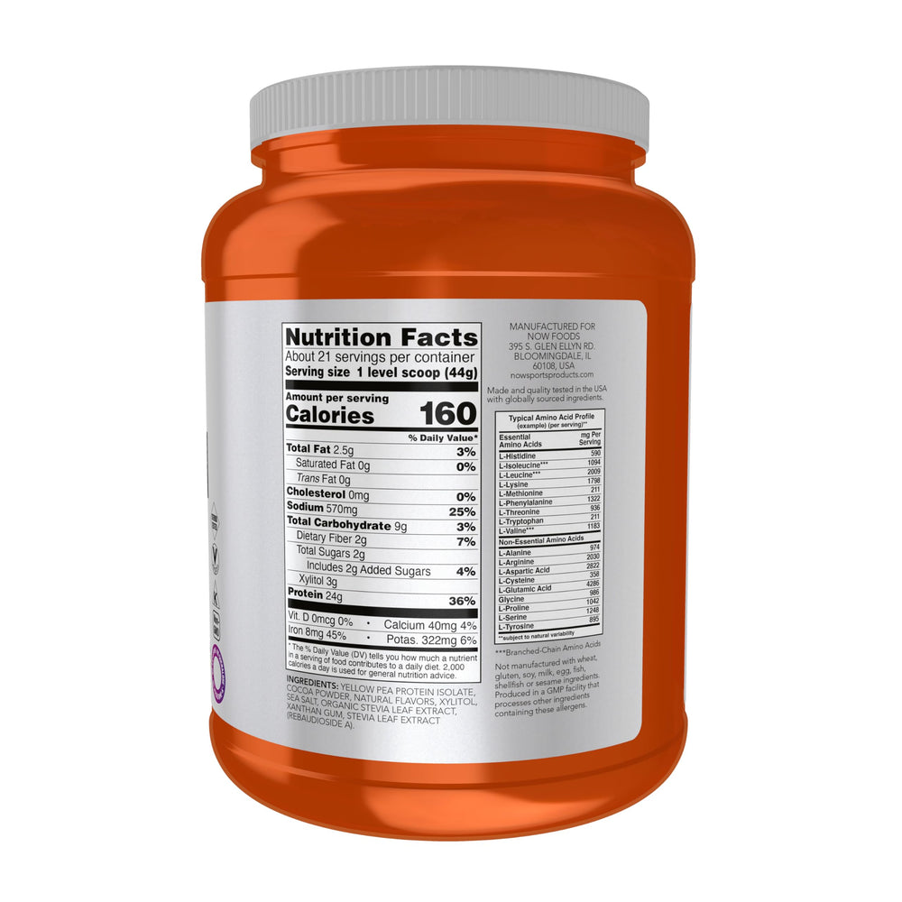 NOW Foods pea protein shake glass showcasing creamy chocolate flavor