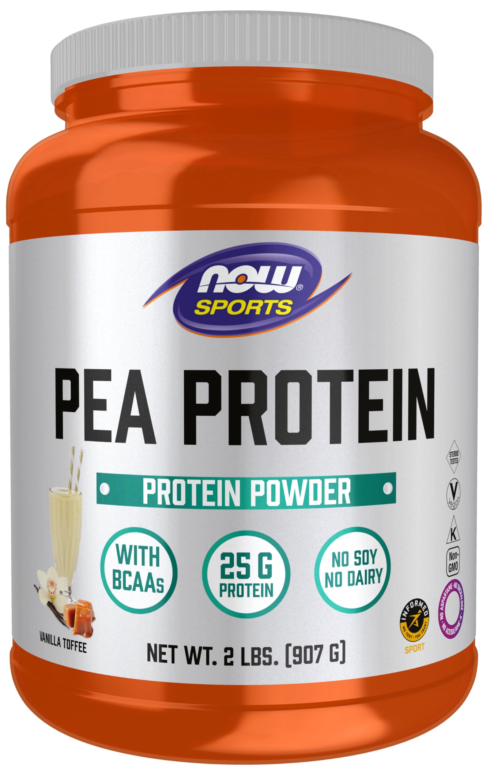NOW Foods Pea Protein Vanilla Toffee Powder canister for quick, muscle-supporting shakes