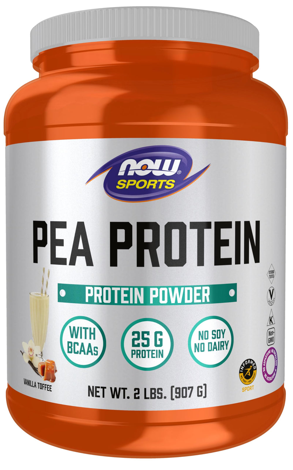 NOW Foods Pea Protein Vanilla Toffee Powder canister for quick, muscle-supporting shakes