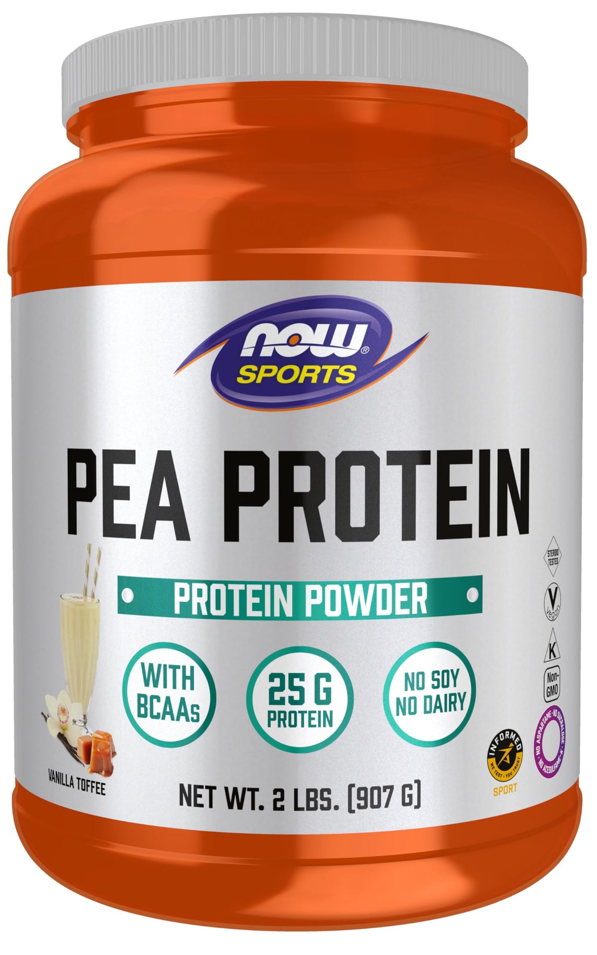 NOW Foods Pea Protein Vanilla Toffee Powder canister for quick, muscle-supporting shakes