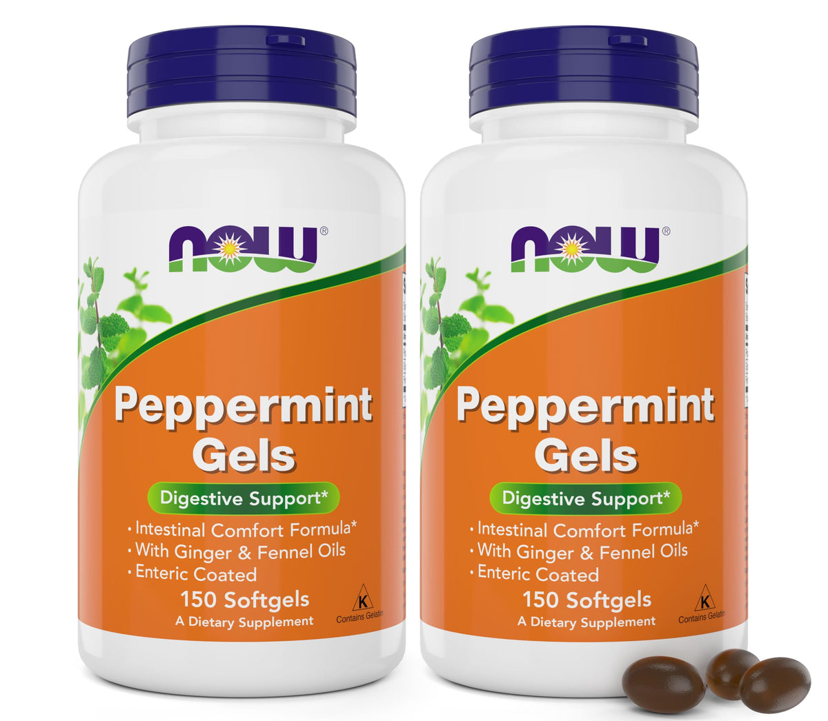 NOW Foods Peppermint Gels bottle front promotes digestive comfort with enteric coating.