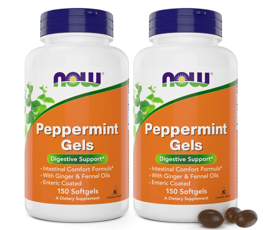 NOW Foods Peppermint Gels bottle front promotes digestive comfort with enteric coating.