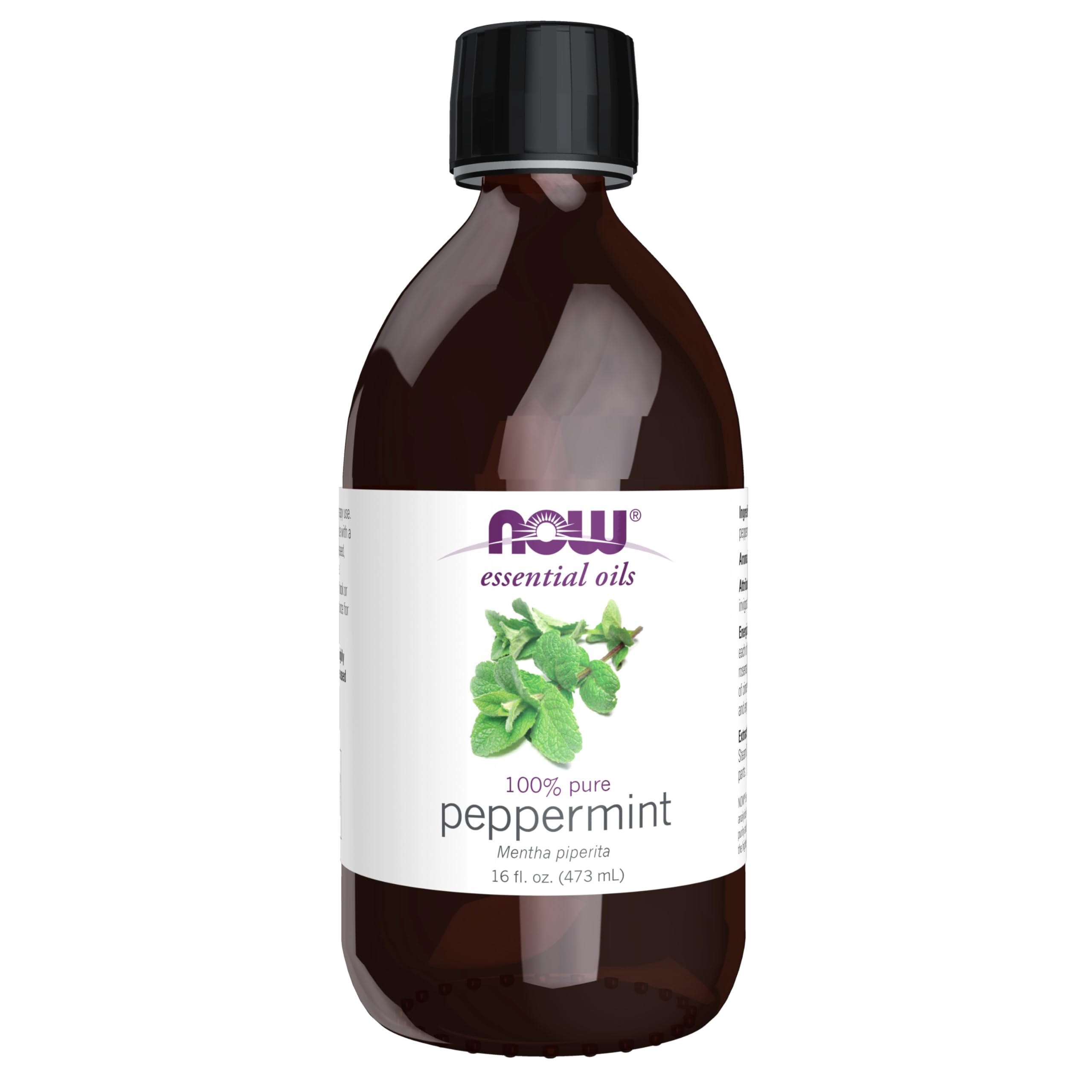 NOW Foods Peppermint Oil 16 oz bottle for refreshing aromatherapy.