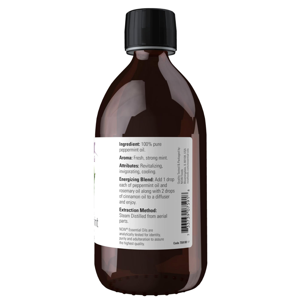 NOW Foods Peppermint Oil steam-distilled from aerial parts for pure aroma.