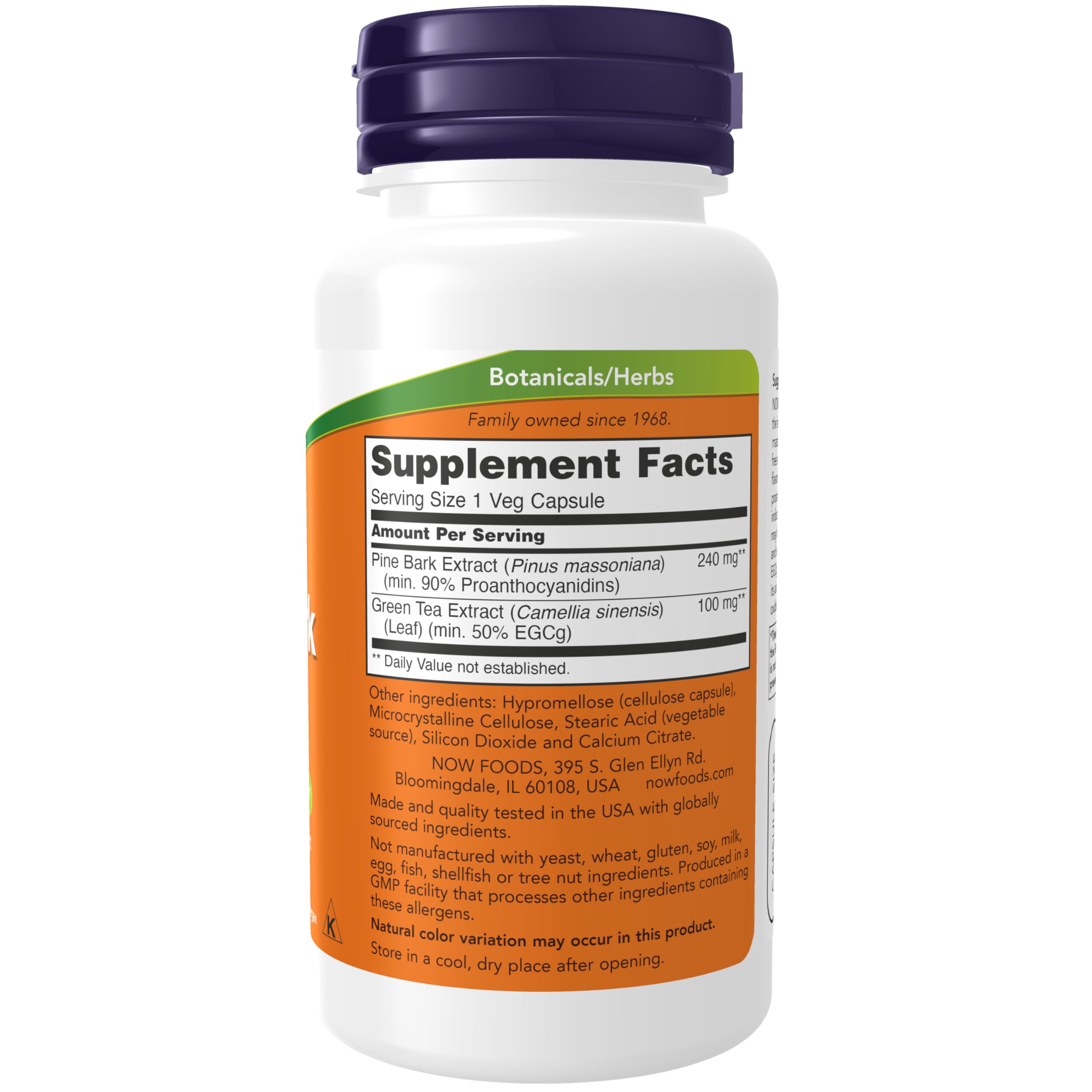 NOW Foods Pine Bark Extract USA packaging reflects 1968 family-owned quality