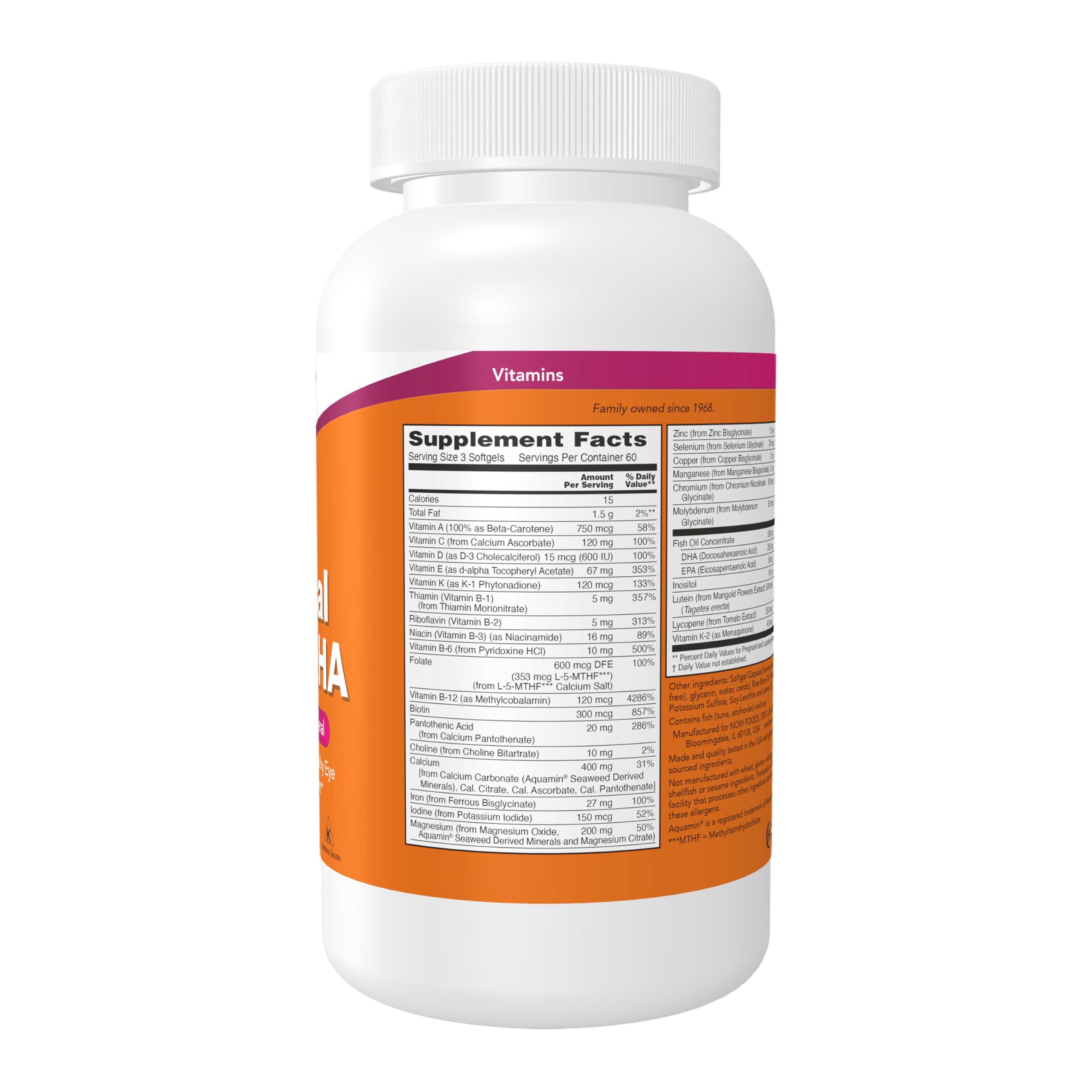 NOW Foods Prenatal DHA bottle highlighting borage oil source for GLA support.