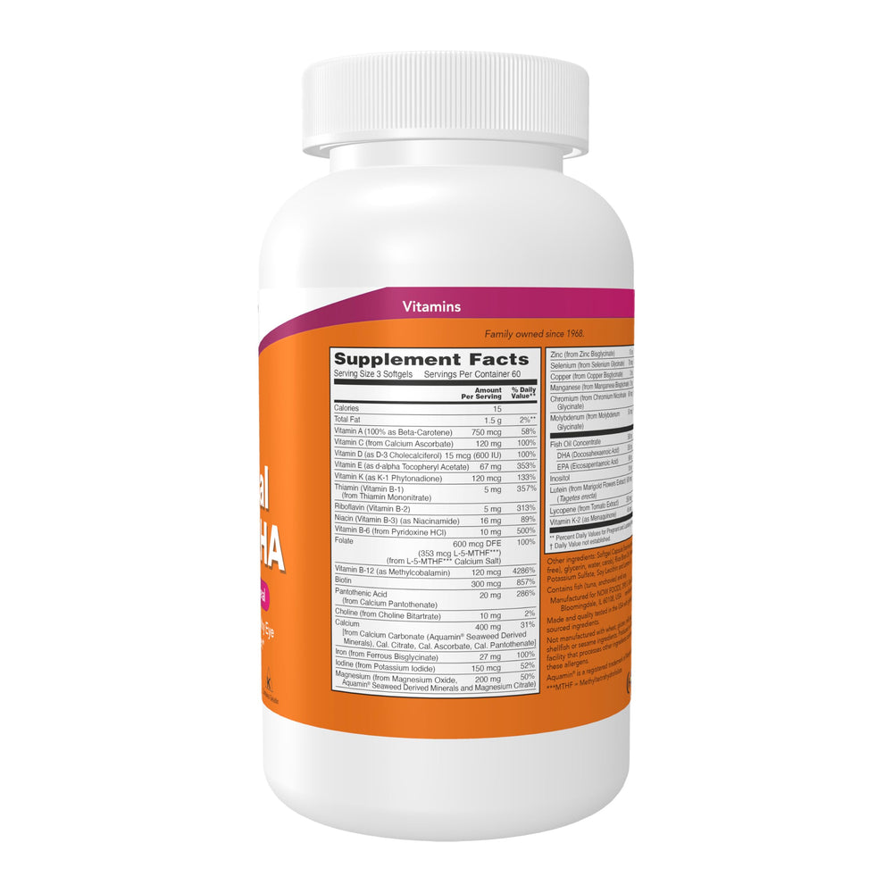 NOW Foods Prenatal DHA bottle highlighting borage oil source for GLA support.