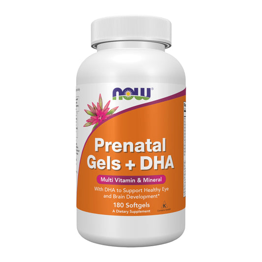 NOW Foods Prenatal Gels + DHA softgels bottle for convenient daily prenatal nutrition.
